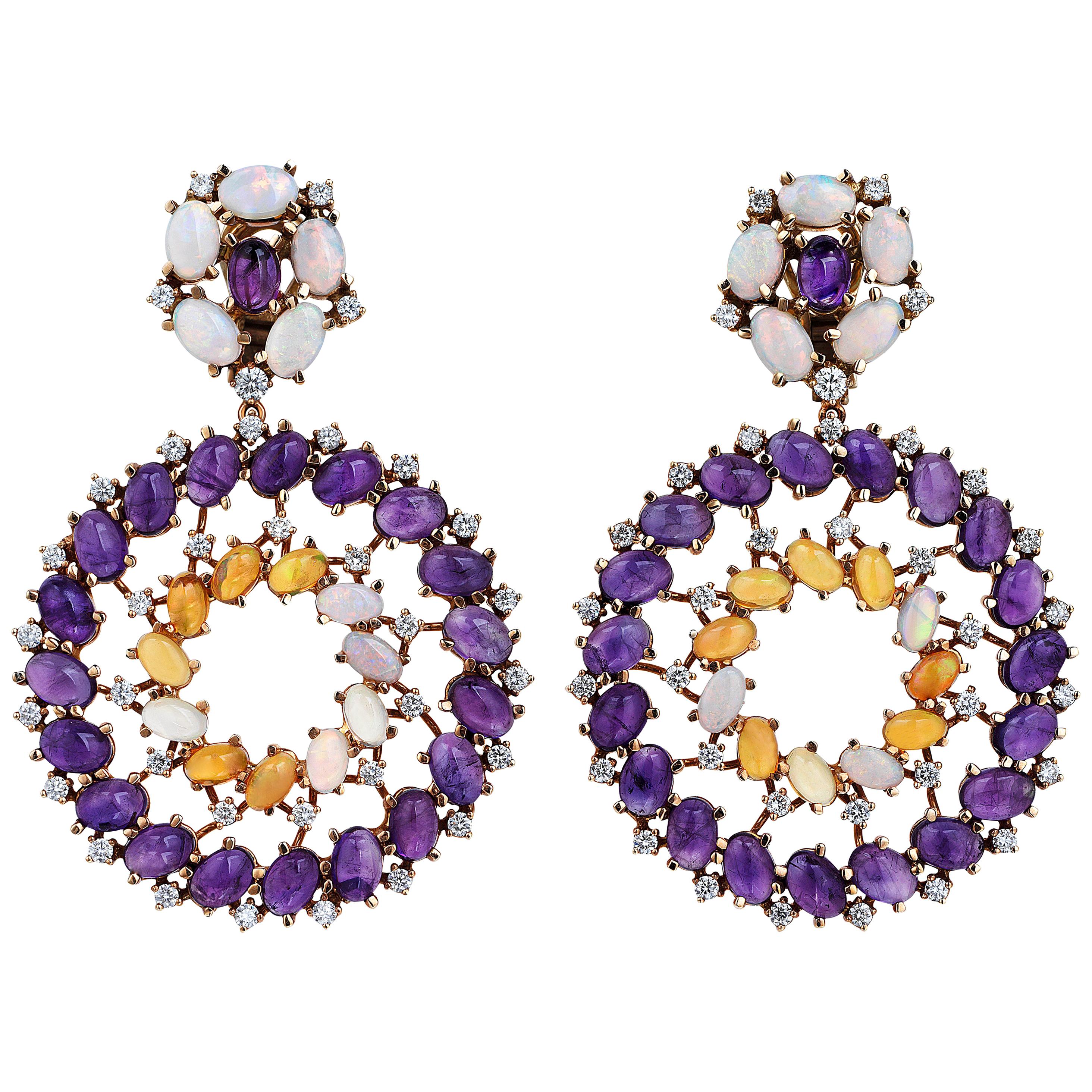 Rose Gold Diamond Cabochon Amethyst and Opal Earrings For Sale