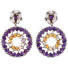 Rose Gold Diamond Cabochon Amethyst and Opal Earrings