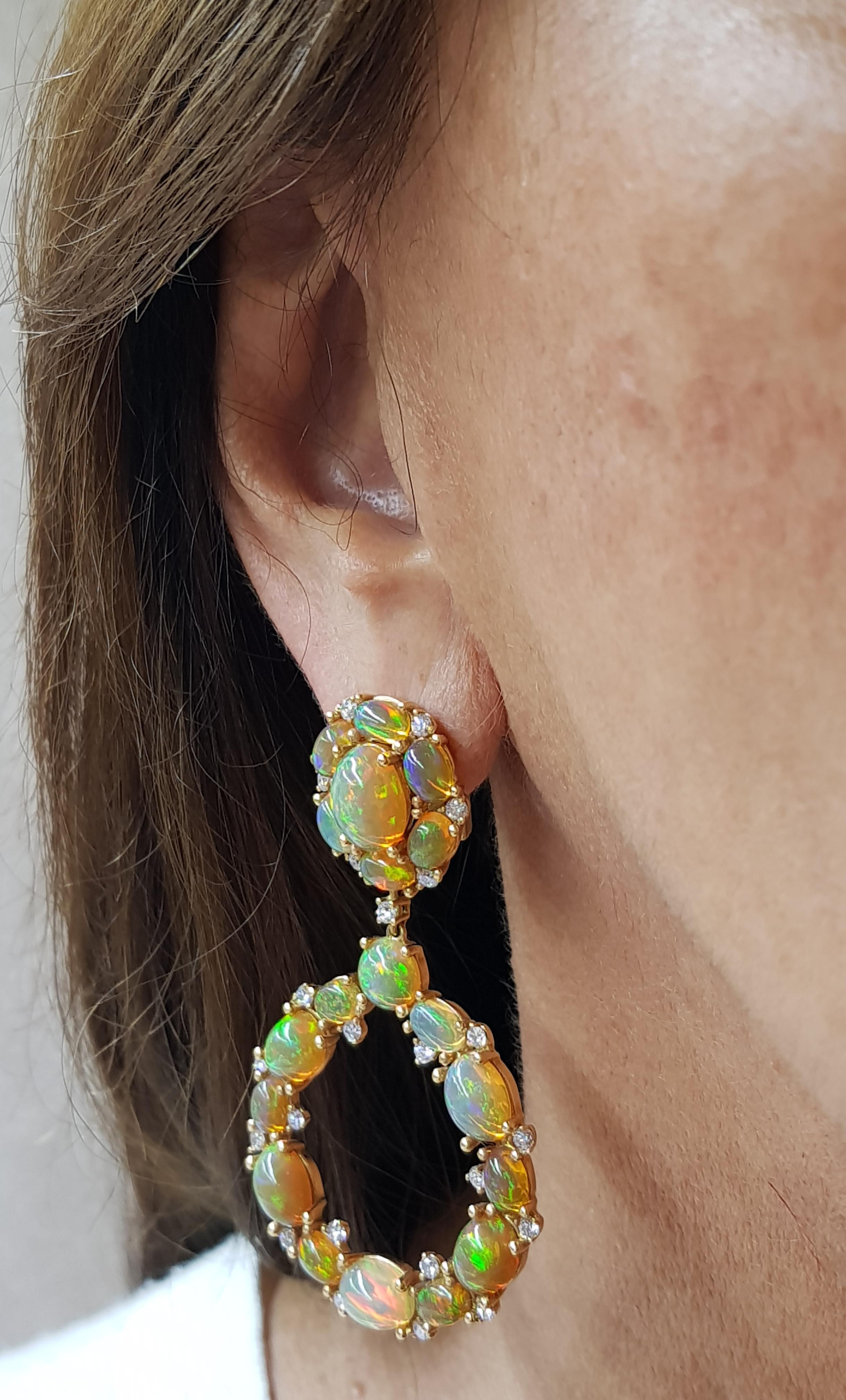 Contemporary Rose Gold Diamond Cabochon Opal Earrings For Sale