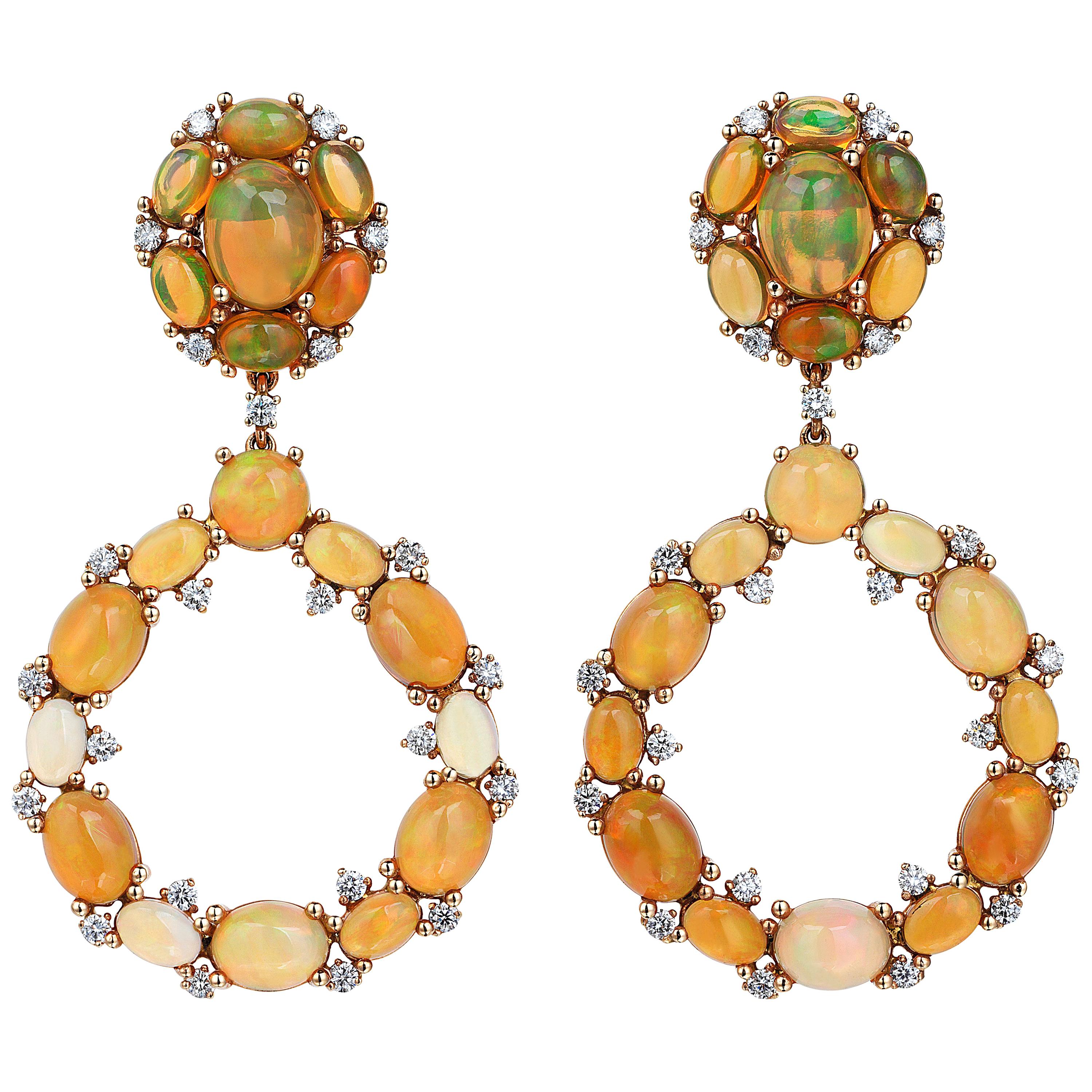 Rose Gold Diamond Cabochon Opal Earrings For Sale