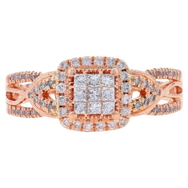 Rose Gold Diamond Cluster Halo Engagement Ring - 10k Princess .50ctw