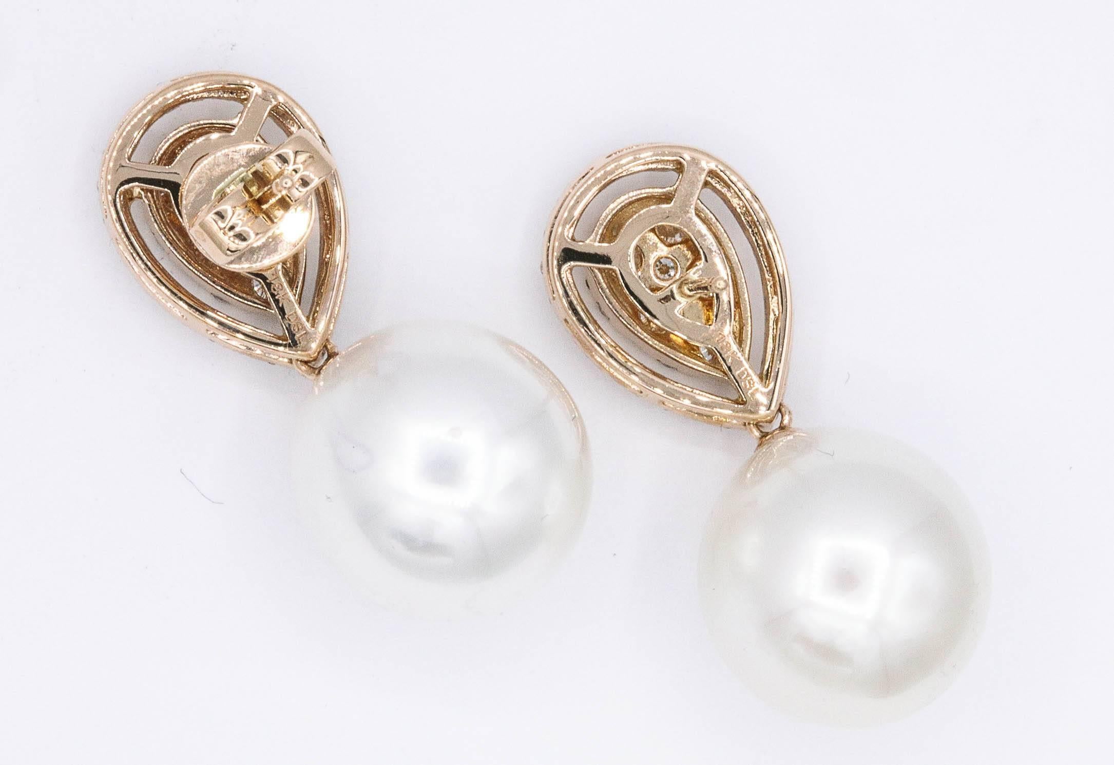Modern Rose Gold Diamond Cluster Pear shape South Sea Pearl Dangle Drop Earrings