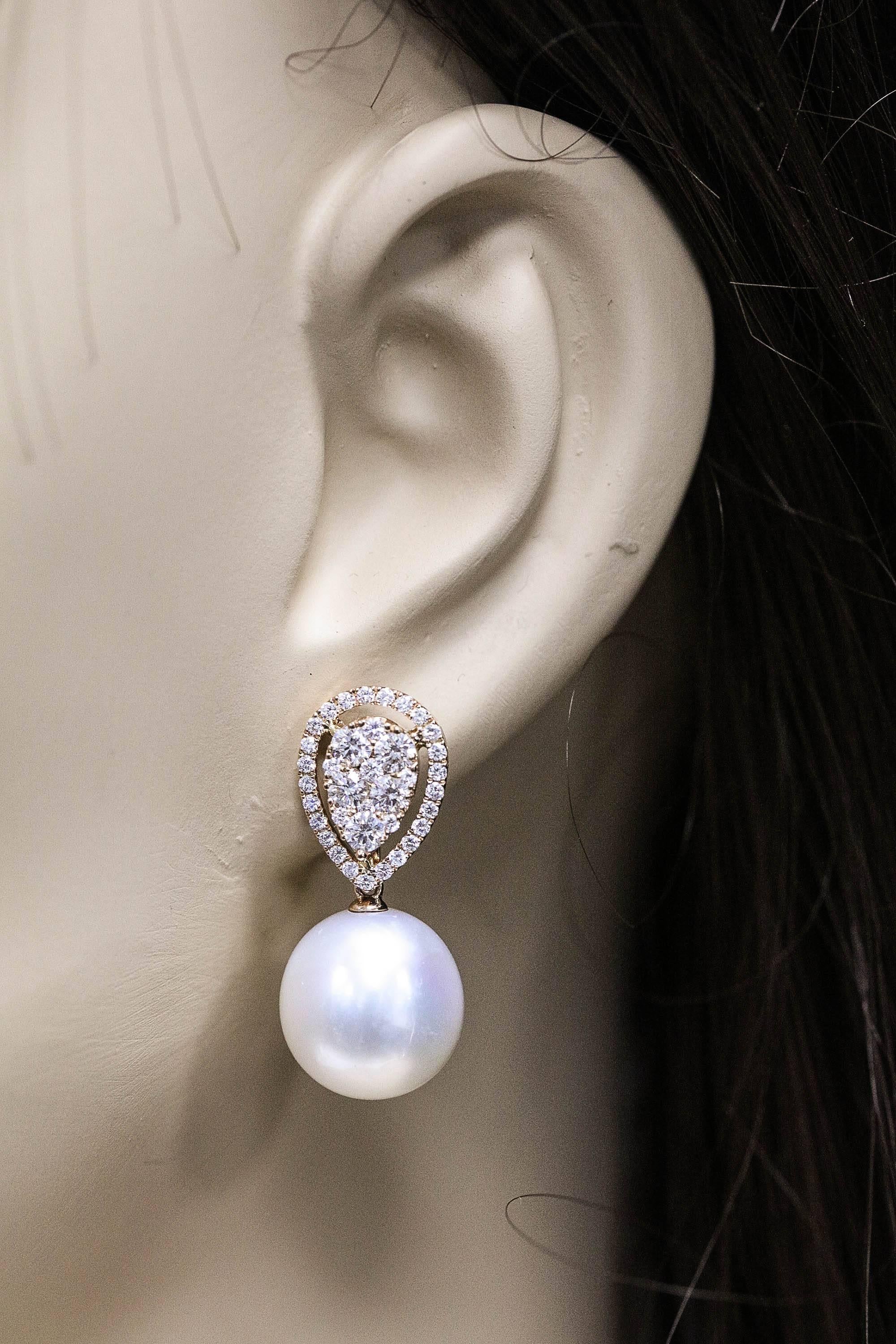 Round Cut Rose Gold Diamond Cluster Pear Shape South Sea Pearl Dangle Drop Earrings For Sale