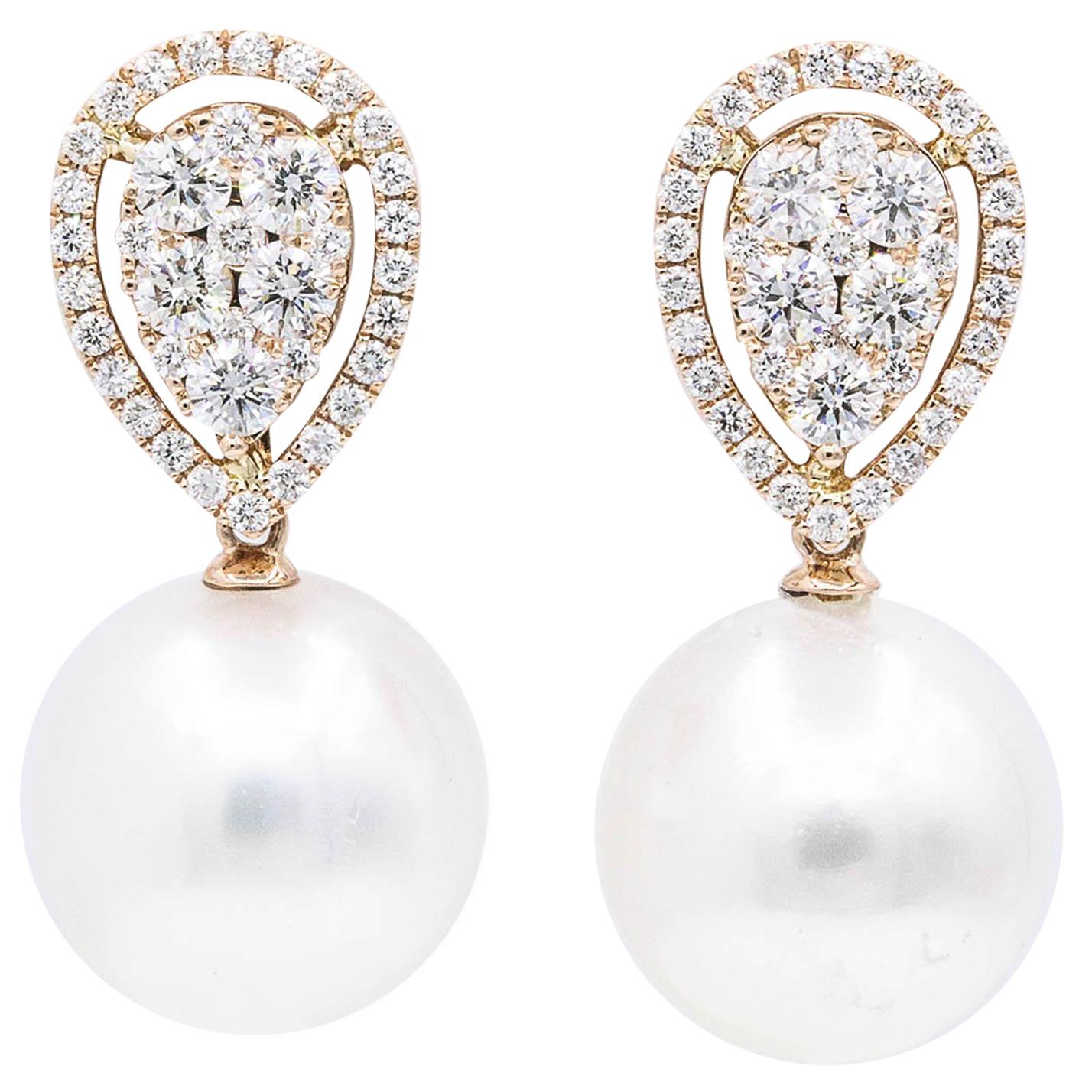 Rose Gold Diamond Cluster Pear Shape South Sea Pearl Dangle Drop Earrings For Sale