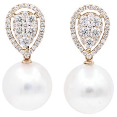 Rose Gold Diamond Cluster Pear Shape South Sea Pearl Dangle Drop Earrings