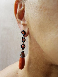 Rose Gold Diamond Coral and Onyx Earrings