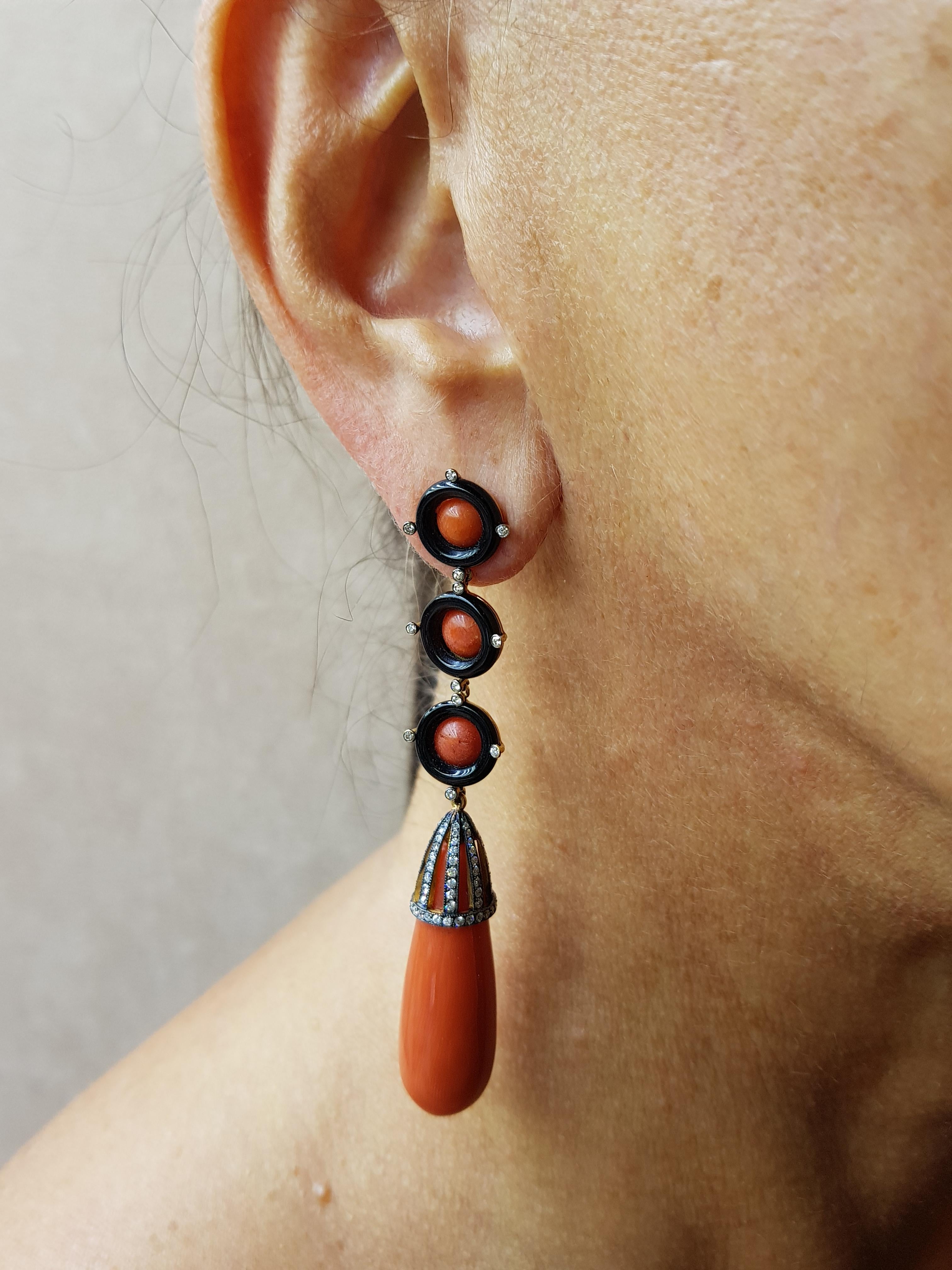 Contemporary Rose Gold Diamond Coral and Onyx Earrings For Sale