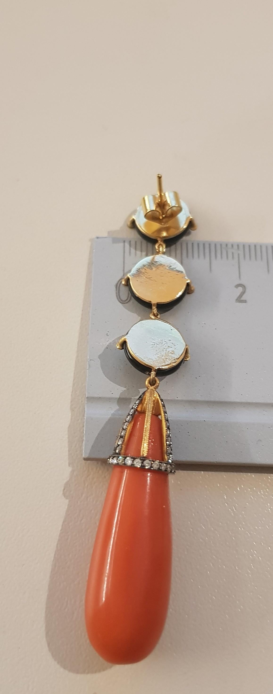 Women's Rose Gold Diamond Coral and Onyx Earrings For Sale