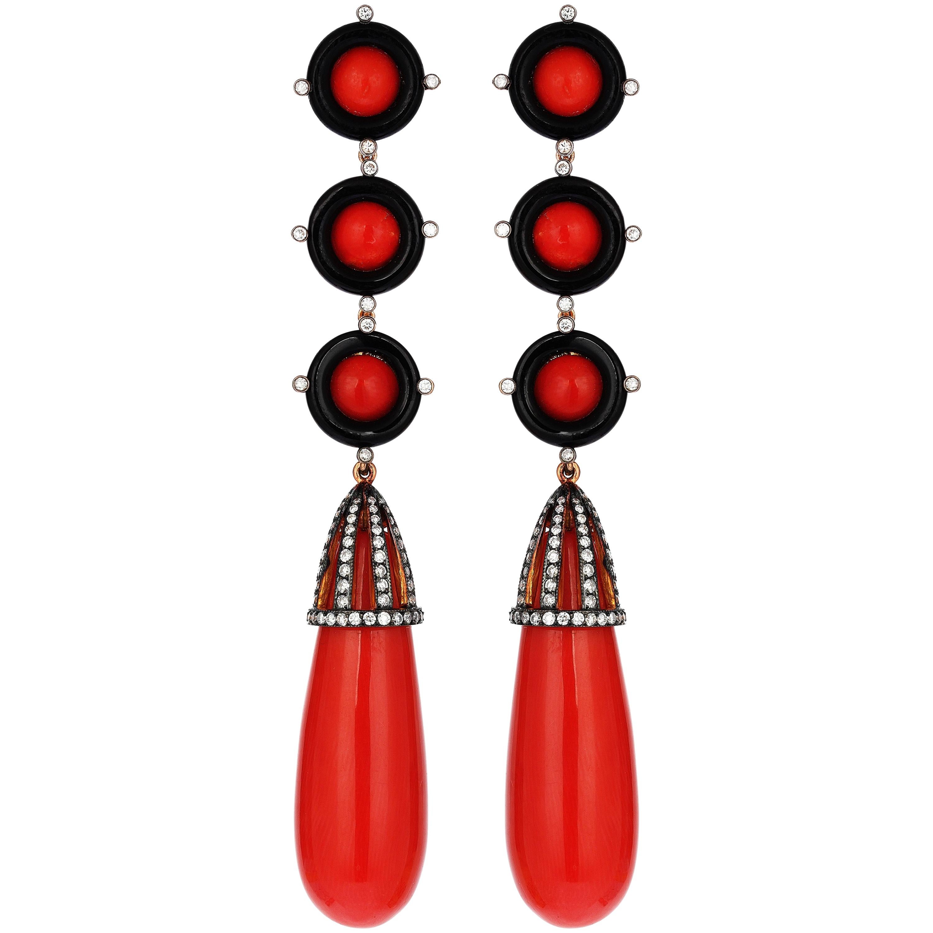 Rose Gold Diamond Coral and Onyx Earrings For Sale