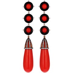 Rose Gold Diamond Coral and Onyx Earrings