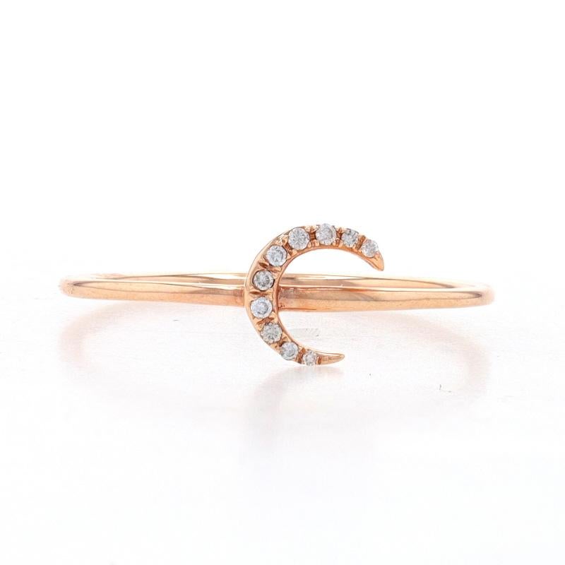 Size: 6 3/4
Sizing Fee: Up 2 sizes for $35 or Down 3 sizes for $30

Metal Content: 14k Rose Gold

Stone Information
Natural Diamonds
Carat(s): .04ctw
Cut: Single
Color: G - H
Clarity: SI1 - SI2

Theme: Crescent Moon, Celestial
Features: Stackable
