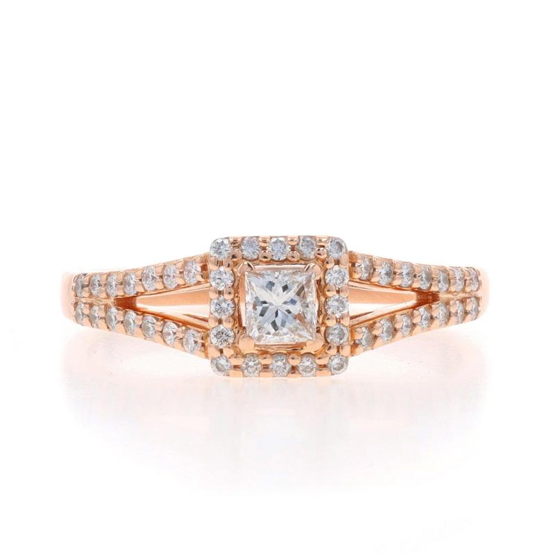 Size: 6
Sizing Fee: Up 3 sizes for $40 or Down 1 size for $30

Metal Content: 14k Rose Gold

Stone Information

Natural Diamond
Carat(s): .16ct
Cut: Princess
Color: I
Clarity: SI1

Natural Diamonds
Carat(s): .13ctw
Cut: Round Brilliant
Color: H -