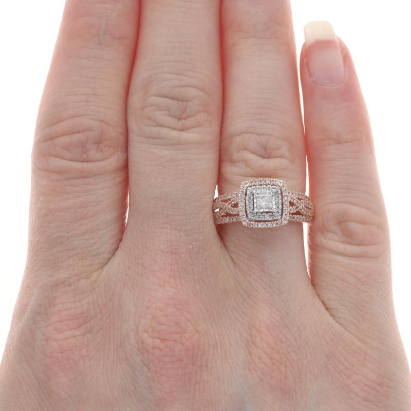 Princess Cut Rose Gold Diamond Double Halo Engagement Ring - 10k Princess & Single Cut 1/2ctw For Sale