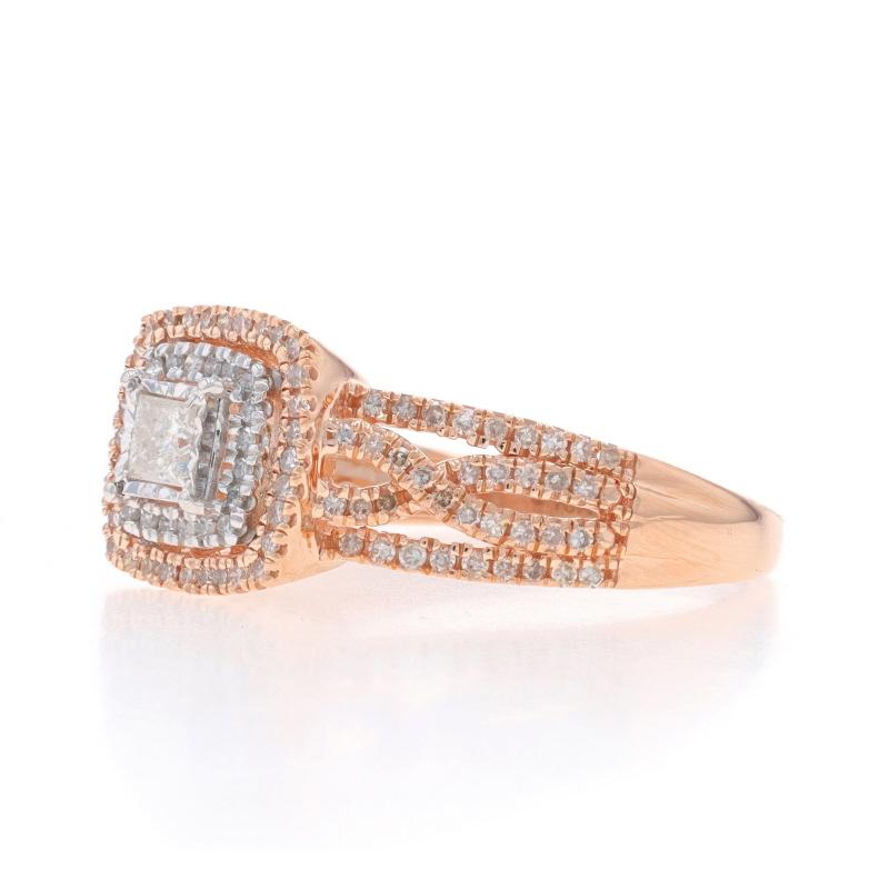 Rose Gold Diamond Double Halo Engagement Ring - 10k Princess & Single Cut 1/2ctw In Excellent Condition For Sale In Greensboro, NC
