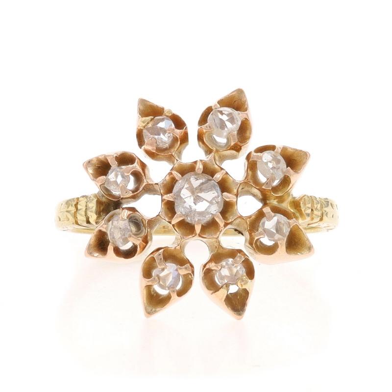 Size: 3 1/2
Sizing Fee: Up 4 sizes for $40

Era: Edwardian
Date: 1900s - 1910s

Metal Content: 10k Rose Gold & 14k Yellow Gold
Metal Note: (10k gold top with 14k gold shank)

Stone Information
Natural Diamonds
Carat(s): .30ctw
Cut: Rose

Total