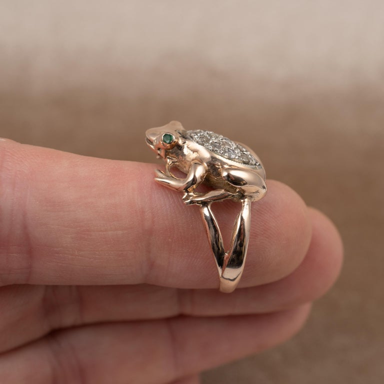 Rose Gold Diamond Emerald Frog Ring Vintage 1970s Fashion Jewelry at