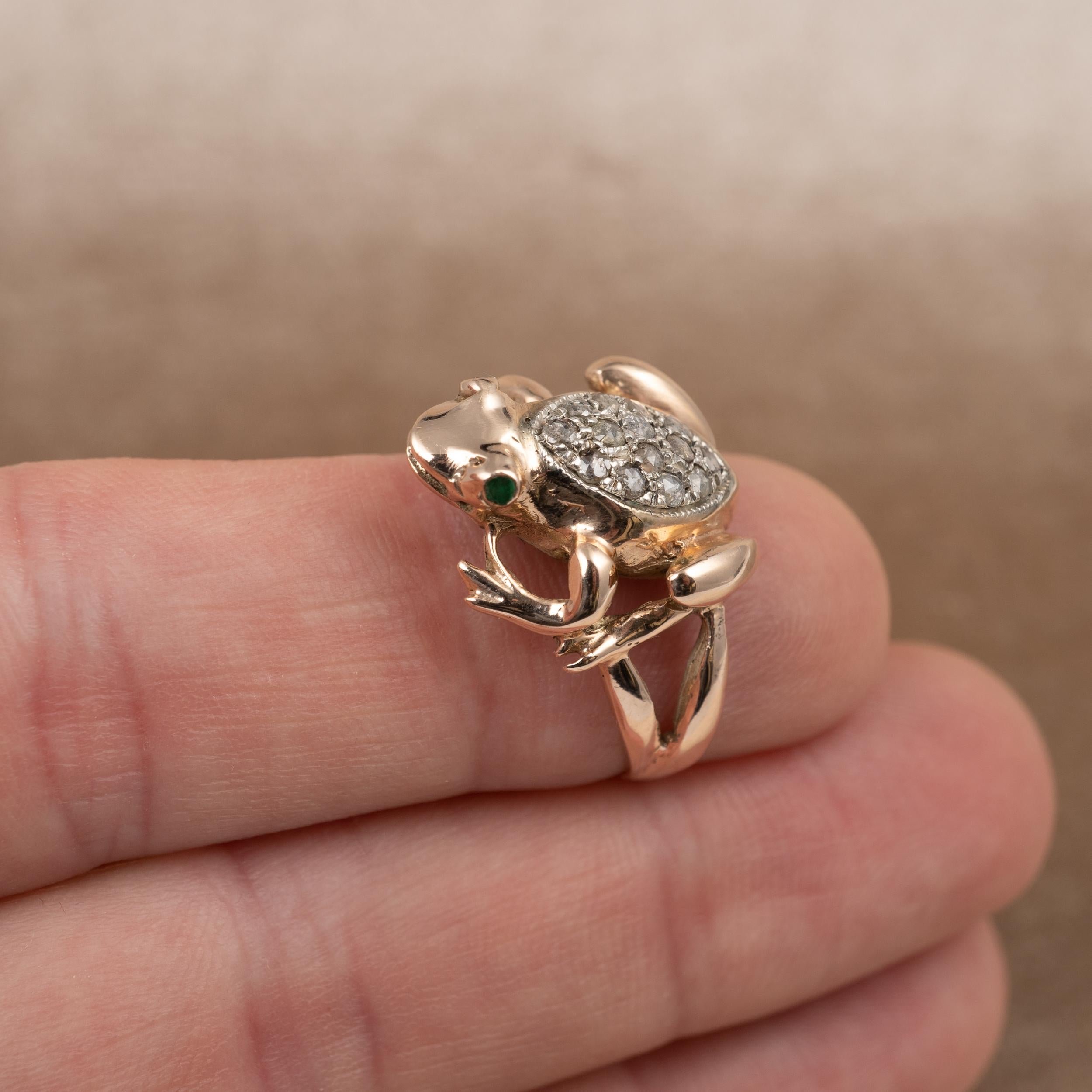 Rose Cut Rose Gold Diamond Emerald Frog Ring Vintage 1970s Fashion Jewelry
