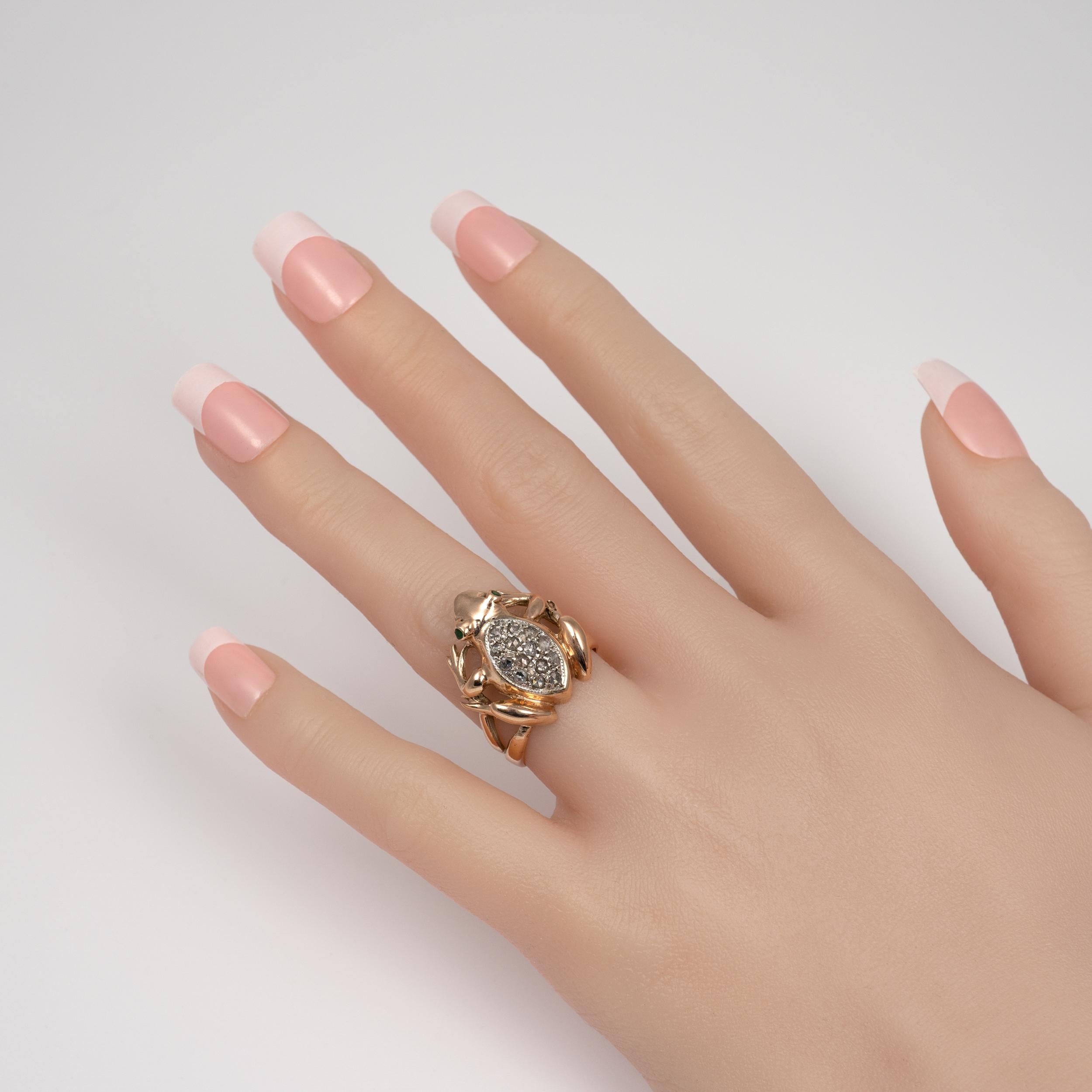 Artisan Rose Gold Diamond Emerald Frog Ring Vintage 1970s Fashion Jewelry