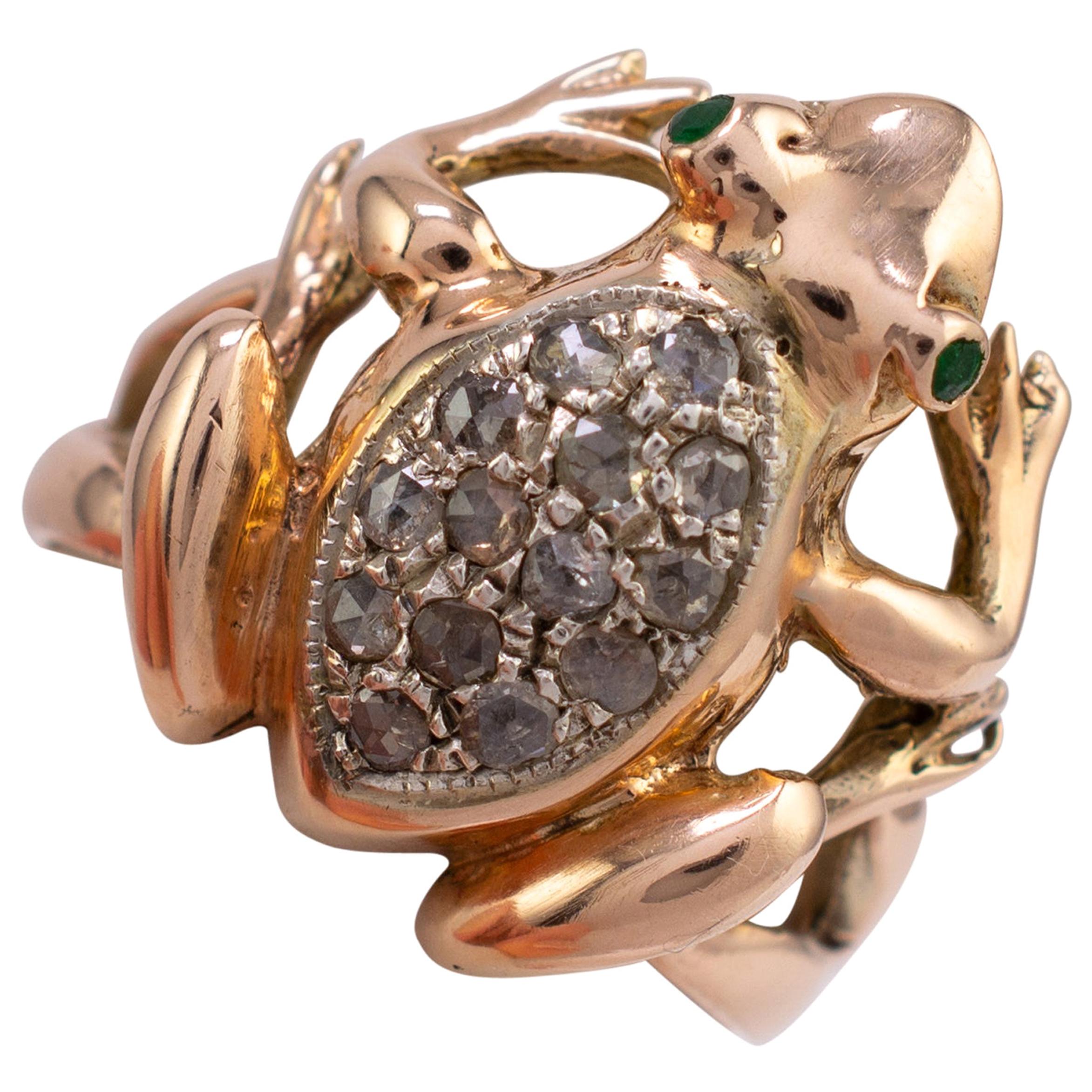 Rose Gold Diamond Emerald Frog Ring Vintage 1970s Fashion Jewelry