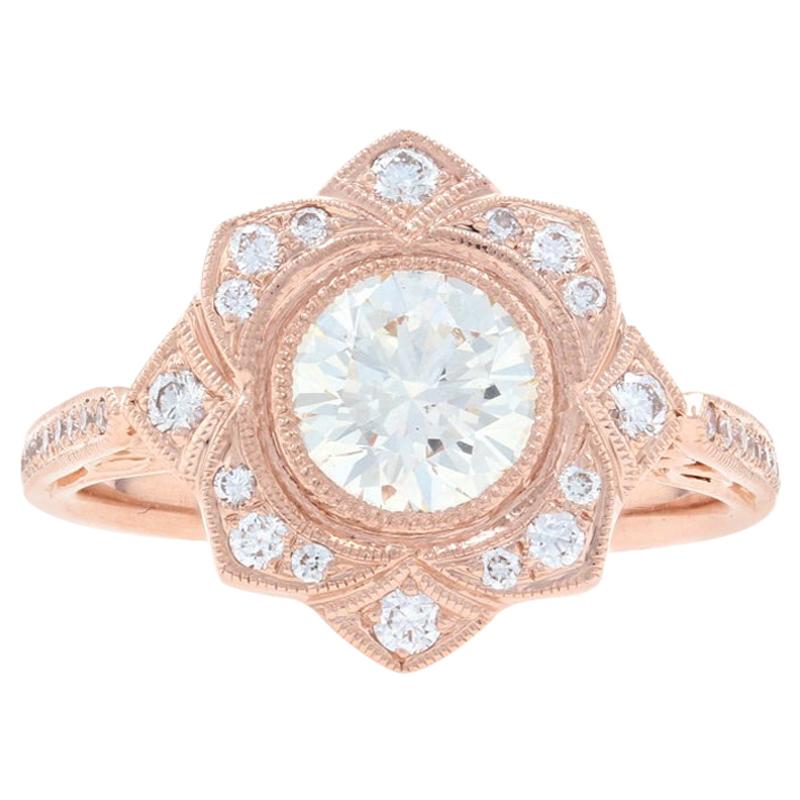Rose Gold Diamond Flower Halo Ring, 14 Karat Round Brilliant 1.32 Carat GIA
