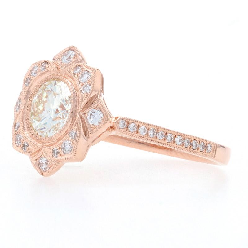 Size: 6 3/4
Sizing Fee: Up 2 sizes or Down 1 size for $40 

Metal Content: 14k Rose Gold 

Stone Information: 
Natural Diamond Solitaire
Carat: 1.02ct
Cut: Round Brilliant 
Color: J   
Clarity: SI1 

Natural Diamond Accents
Carats: .30ctw
Cut: Round
