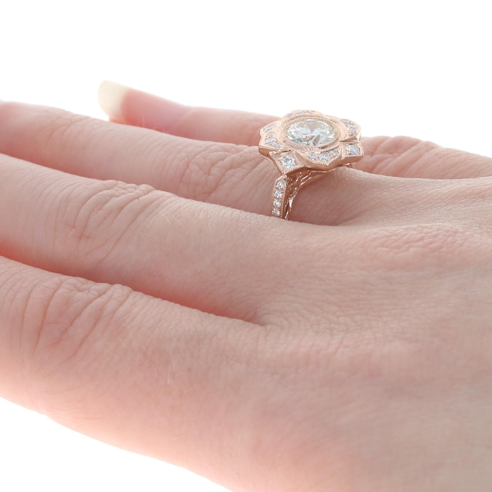 Rose Gold Diamond Flower Halo Ring, 14 Karat Round Brilliant 1.32 Carat GIA In New Condition In Greensboro, NC