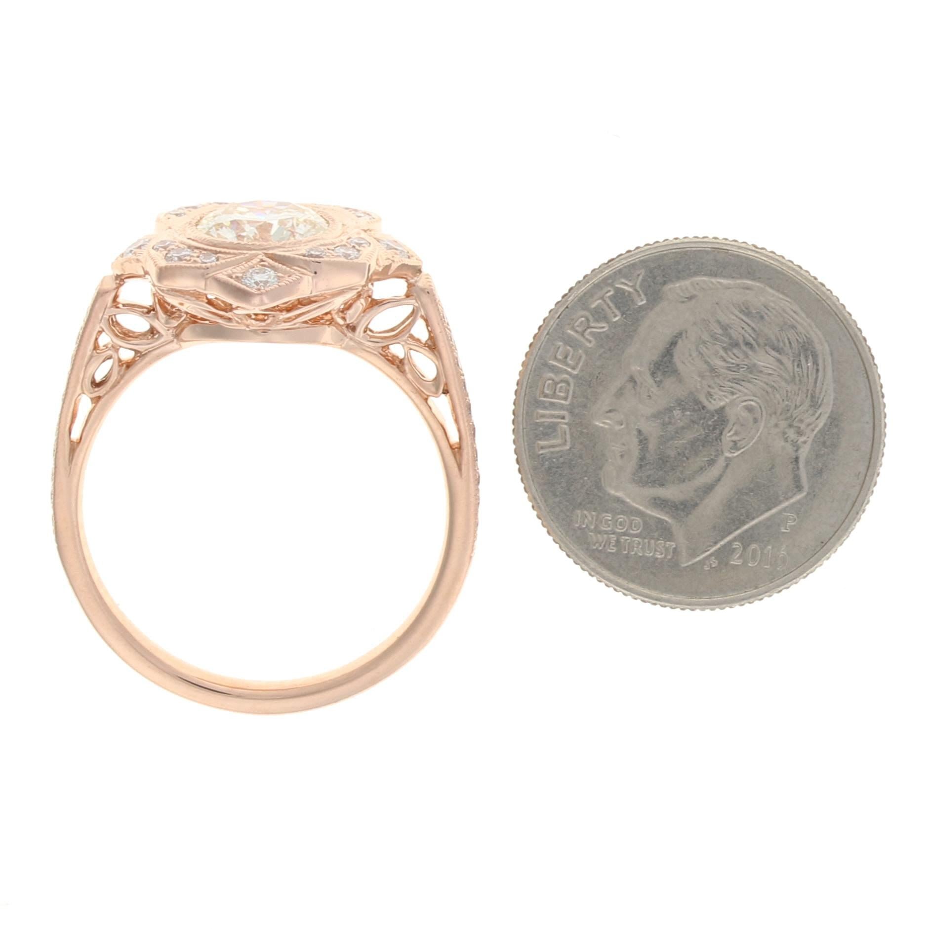 Rose Gold Diamond Flower Halo Ring, 14 Karat Round Brilliant 1.32 Carat GIA 1