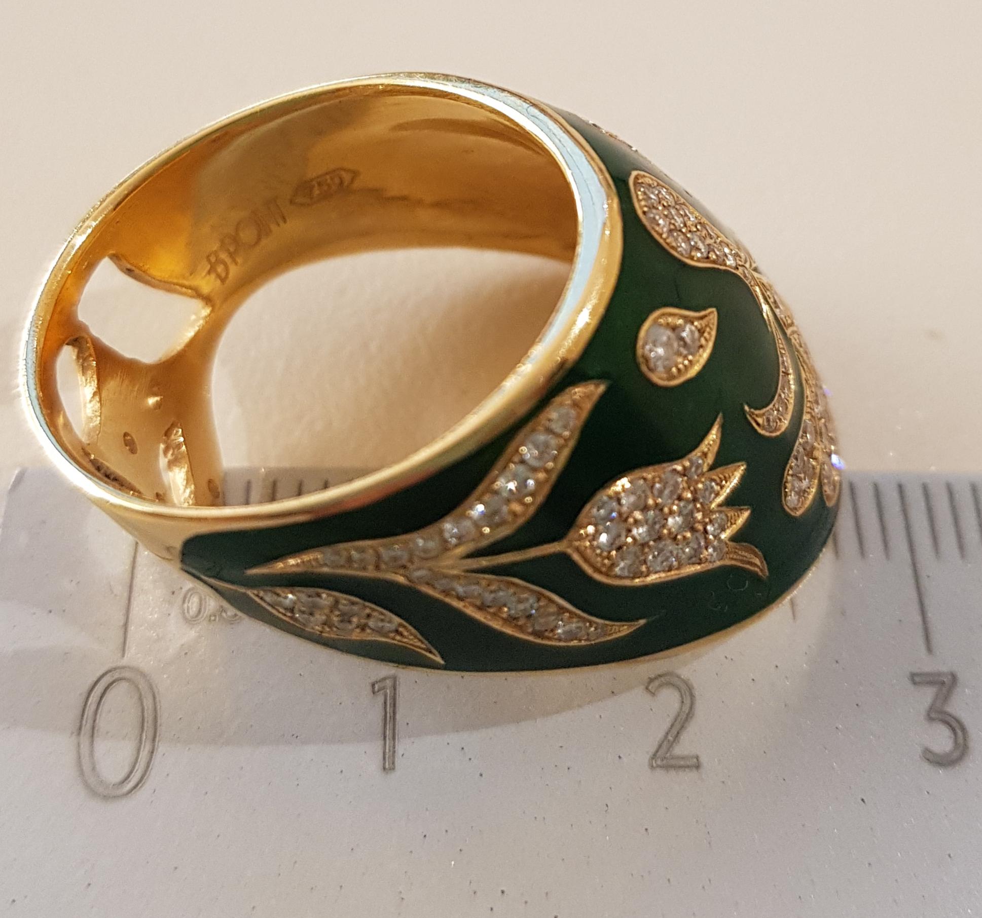 Rose Gold Diamond Green Enamel Ottoman Archer's Ring For Sale 4