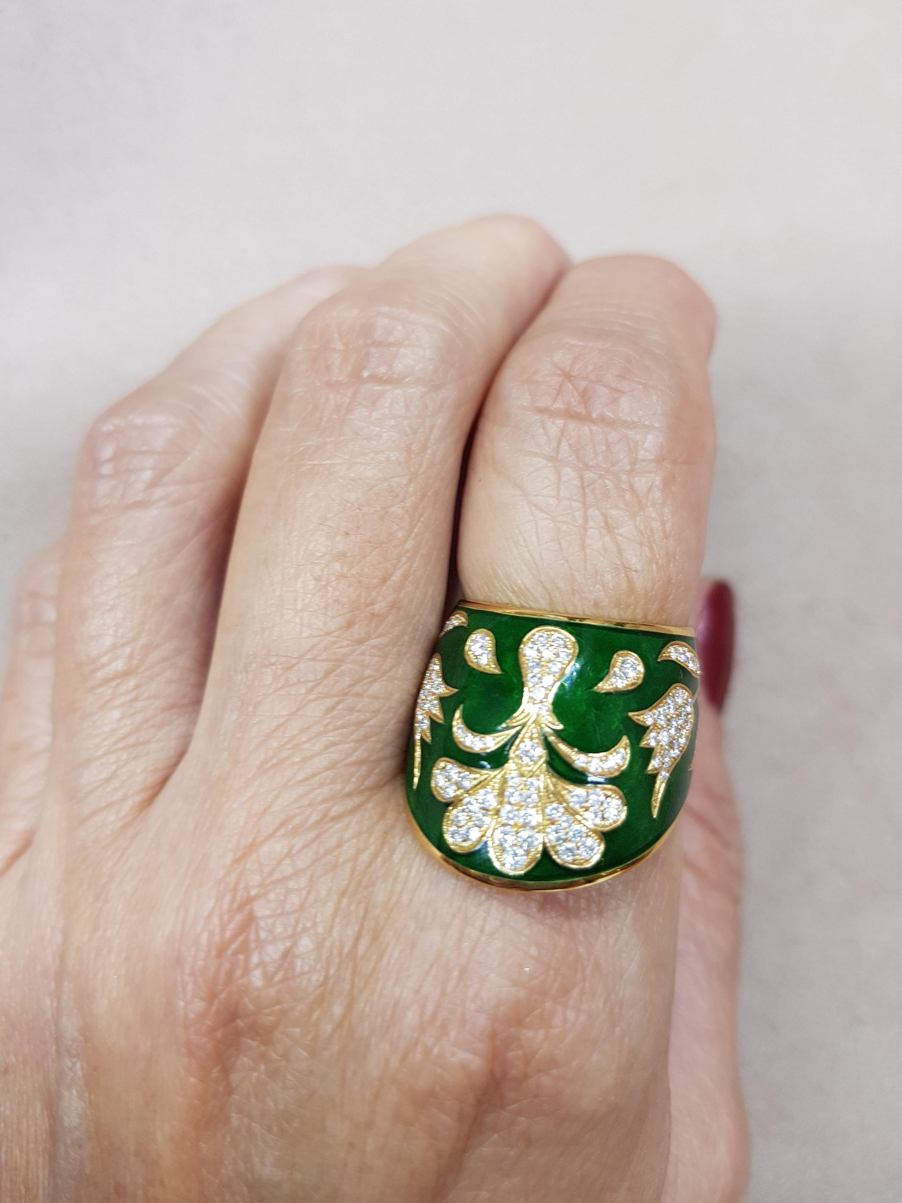 Rose Gold Diamond Green Enamel Ottoman Archer's Ring In New Condition For Sale In Findikli, Beyoglu