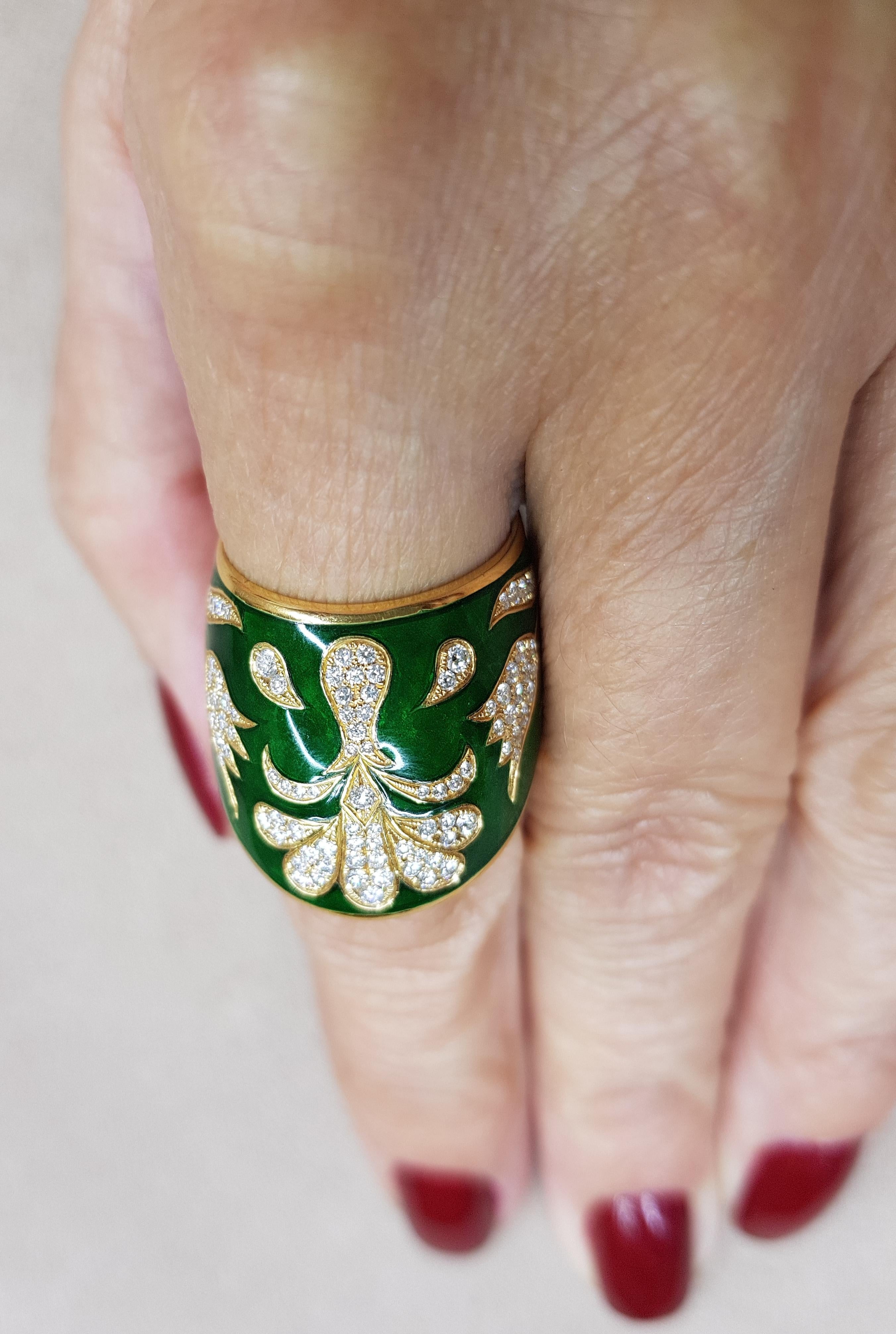 Women's Rose Gold Diamond Green Enamel Ottoman Archer's Ring For Sale