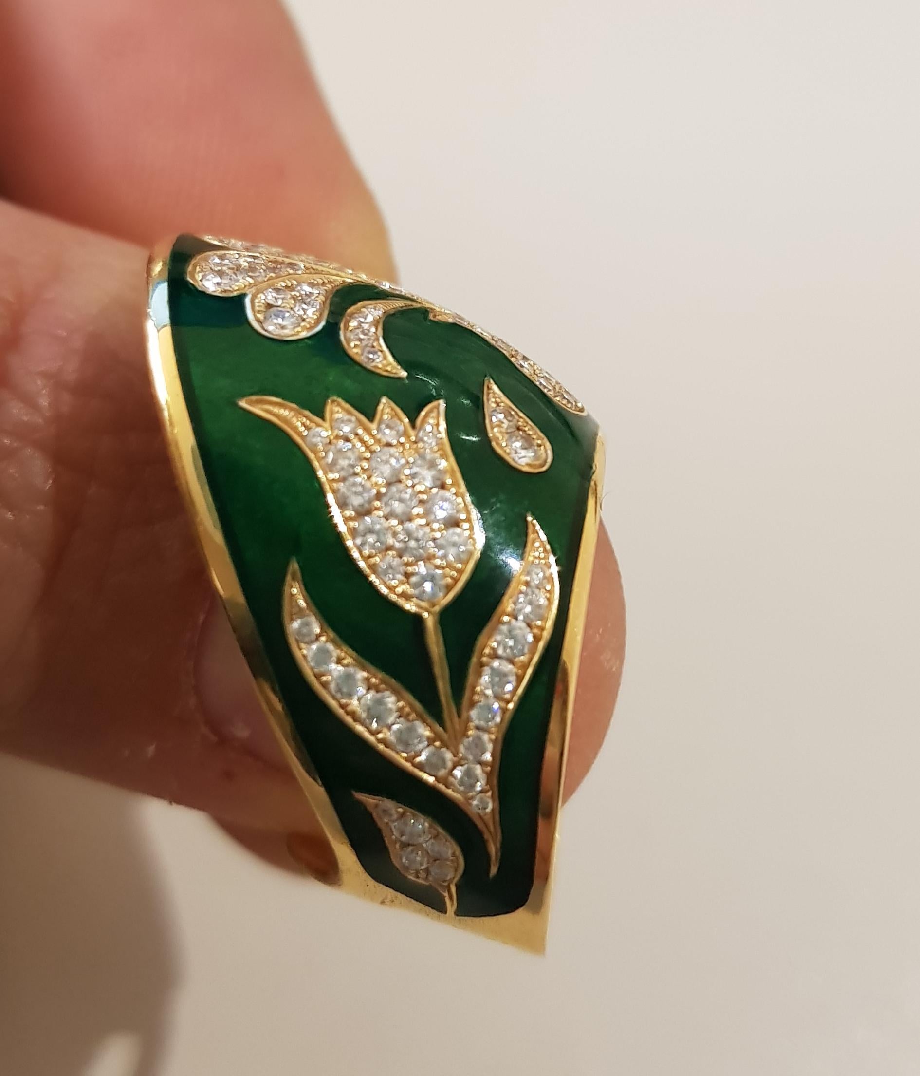 Rose Gold Diamond Green Enamel Ottoman Archer's Ring For Sale 2