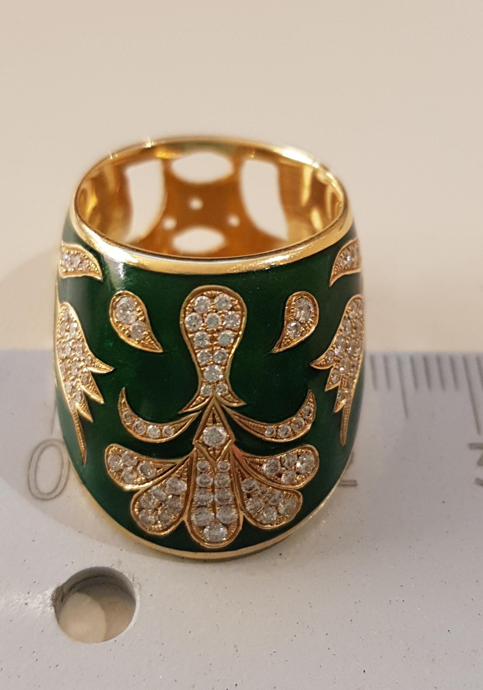 Rose Gold Diamond Green Enamel Ottoman Archer's Ring For Sale 3