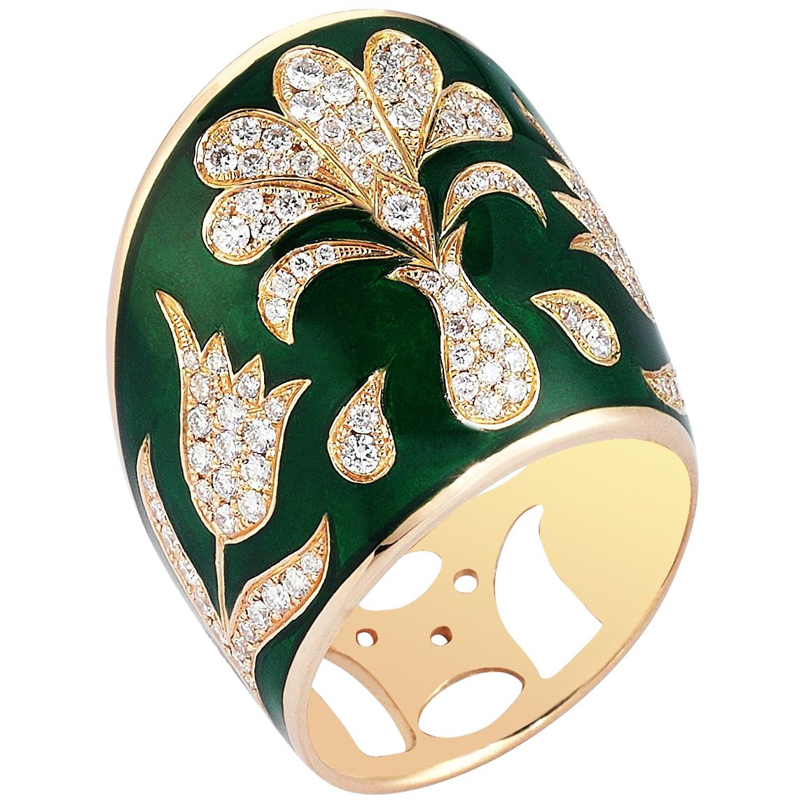 Rose Gold Diamond Green Enamel Ottoman Archer's Ring For Sale