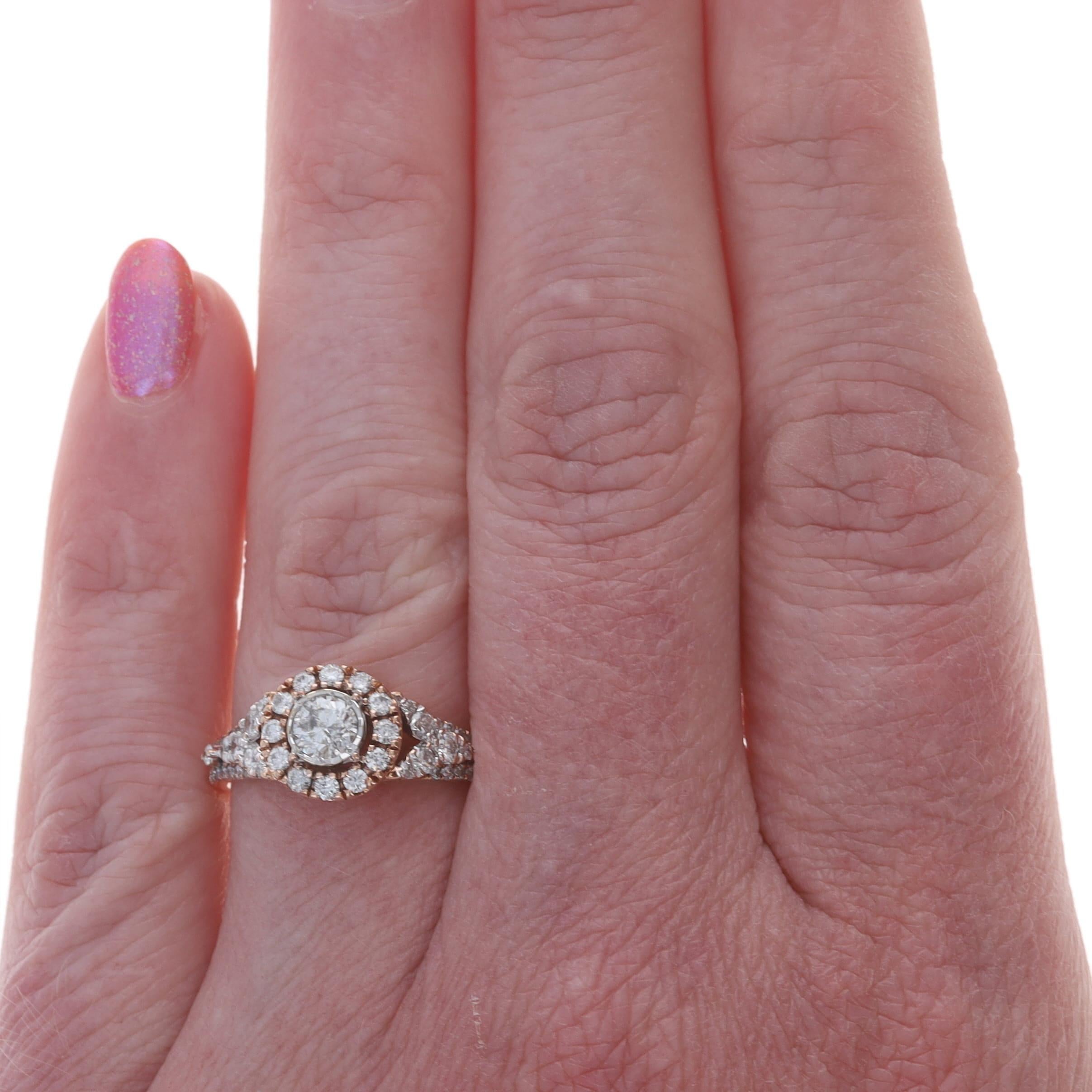 Taglio rotondo Anello di fidanzamento con diamante aureolato in oro rosa - 14k Brilliante rotondo 0,97ctw in vendita