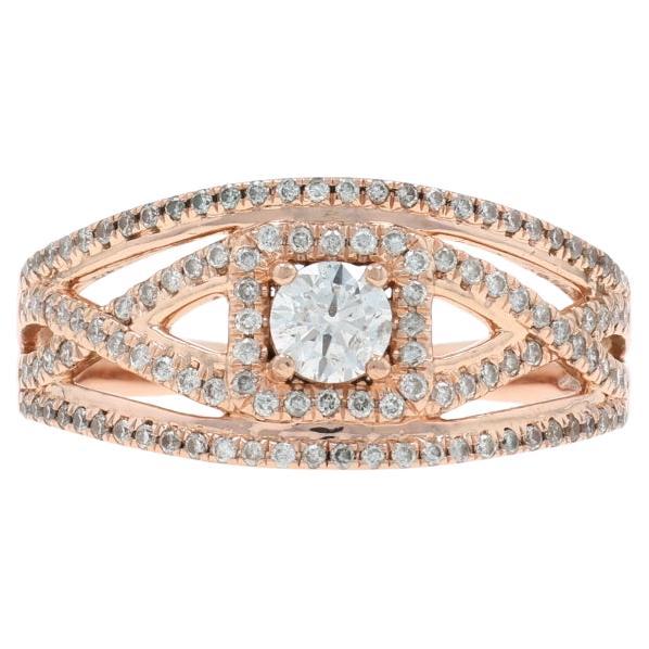 Rose Gold Diamond Halo Ring - 14k Round Brilliant .70ctw Lattice For Sale