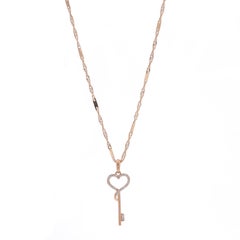 Rose Gold Diamond Heart Skeleton Key Necklace 18" - 10k Single & Baguette Love