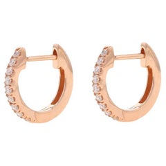 Rose Gold Diamond Huggie Hoop Earrings - 14k Round .14ctw French Set Pierced