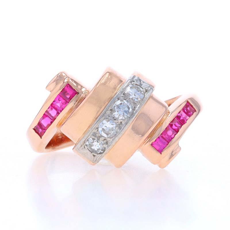 Size: 5 1/2
Sizing Fee: Up 1 size for $50

Era: Retro
Date: 1940s

Metal Content: 14k Rose Gold & 14k White Gold

Stone Information
Natural Diamonds
Carat(s): .20ctw
Cut: Single
Color: G - H
Clarity: SI1 - SI2

Synthetic Rubies
Carat(s): .20ctw
Cut: