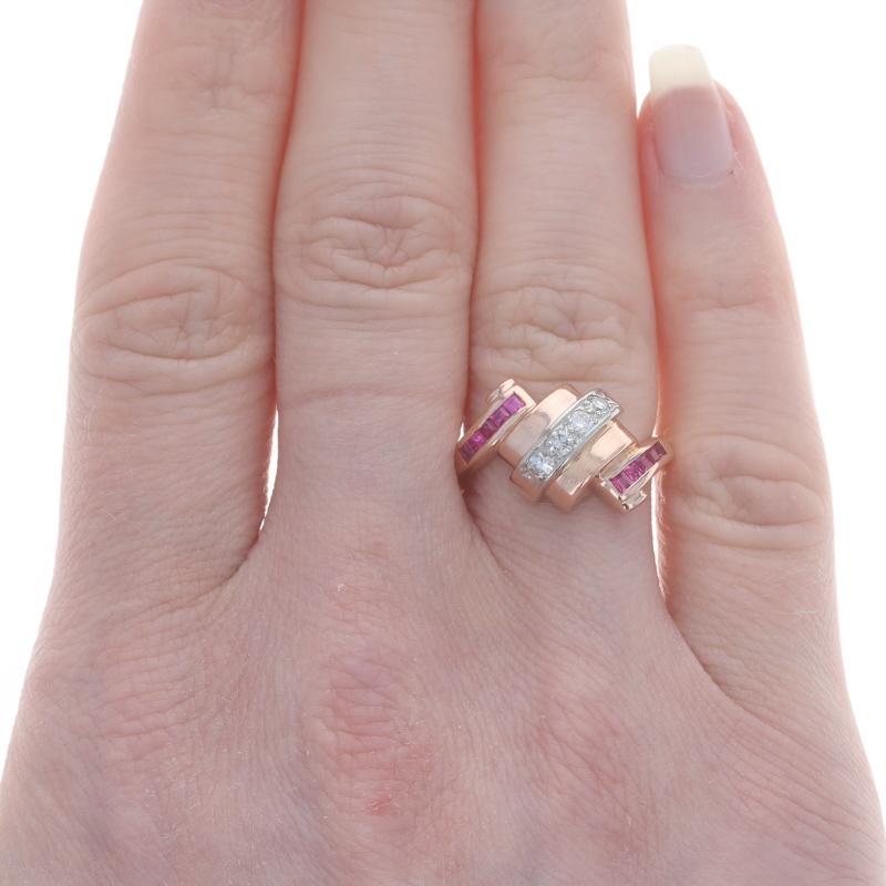 Rose Cut Rose Gold Diamond Lab-Created Ruby Retro Bypass Ring - 14k .40ctw Vintage Scroll For Sale