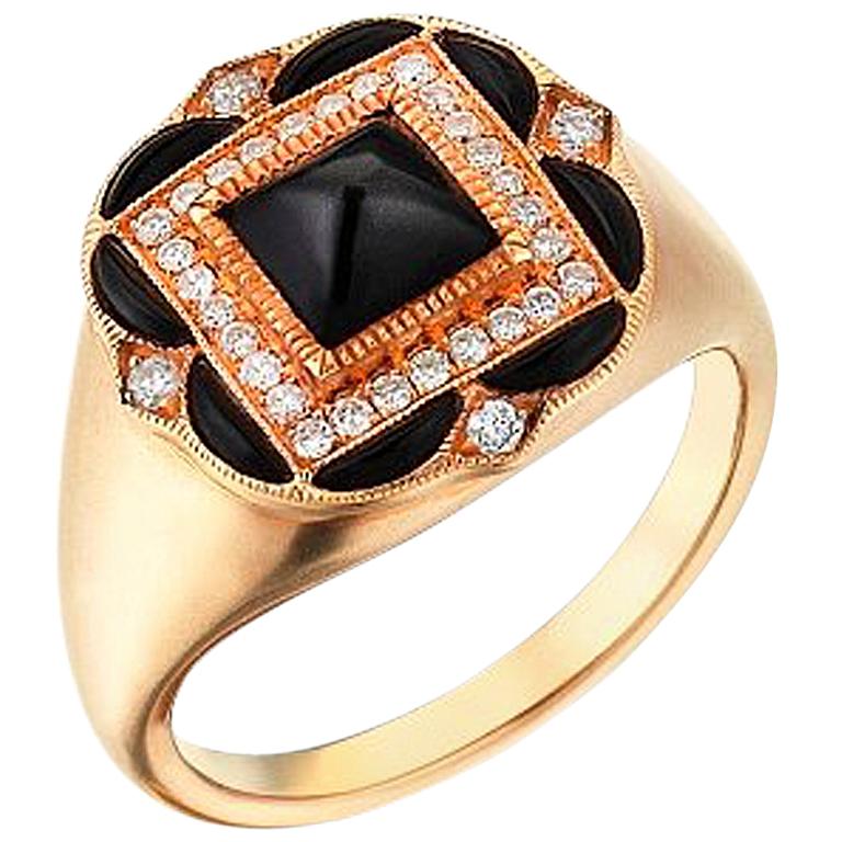 Rose Gold Diamond Onyx Art Deco Style Ring