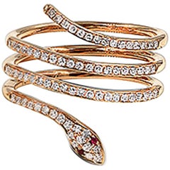 Rose Gold & Diamond Pave Intertwined Serpent Snake Wrap Ring Ruby Red Eyes