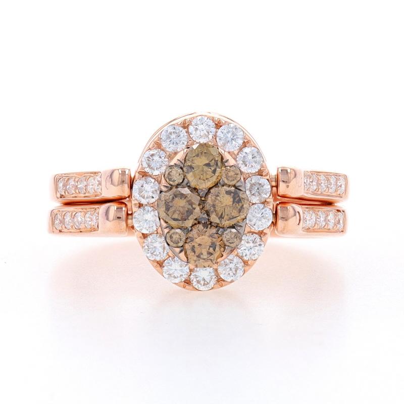 Size: 7 1/2

Metal Content: 14k Rose Gold

Stone Information
Natural Diamonds
Carat(s): 2.20ctw
Cut: Round Brilliant
Color: Fancy Brown & H - I - J
Clarity: SI1 - I1

Total Carats: 2.20ctw

Style: Reversible Cluster Halo with