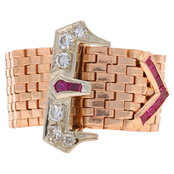 Oro rosa diamante rubí retro hebilla cadena banda 14k único .52ctw Anillo ajustable en venta