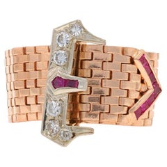Oro rosa diamante rubí retro hebilla cadena banda 14k único .52ctw Anillo ajustable