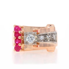 Rose Gold Diamond Ruby Retro Ring - 14k Round .55ctw Bow Scroll