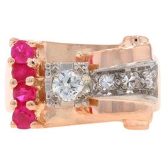 Rose Gold Diamond Ruby Retro Ring - 14k Round .55ctw Bow Scroll