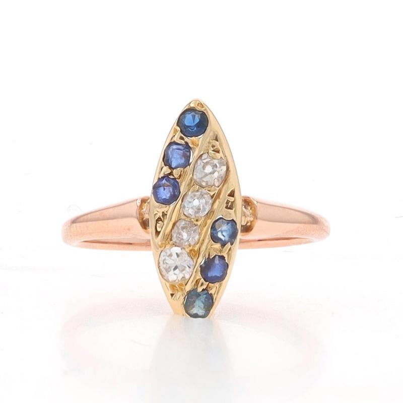 Size: 4 1/4
Sizing Fee: Up 3 sizes for $40 or Down 2 sizes for $30

Era: Edwardian
Date: 1900s - 1910s

Metal Content: 18k Rose Gold & 18k Yellow Gold

Stone Information

Natural Diamonds
Carat(s): .12ctw
Cut: Mine
Color: F - G
Clarity: SI2 -