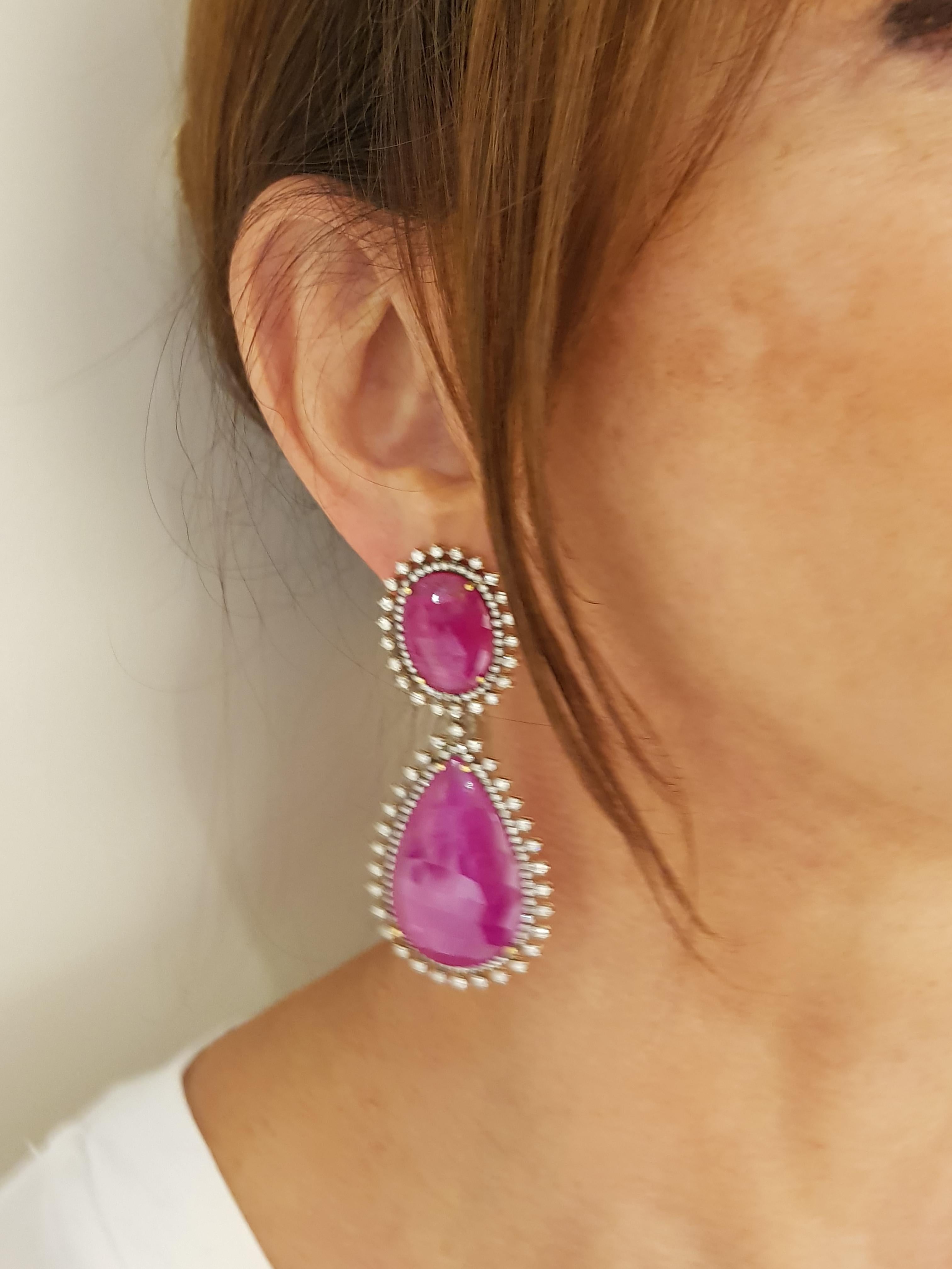 Rose Gold Diamond Slice Ruby Drop Earrings In New Condition For Sale In Findikli, Beyoglu