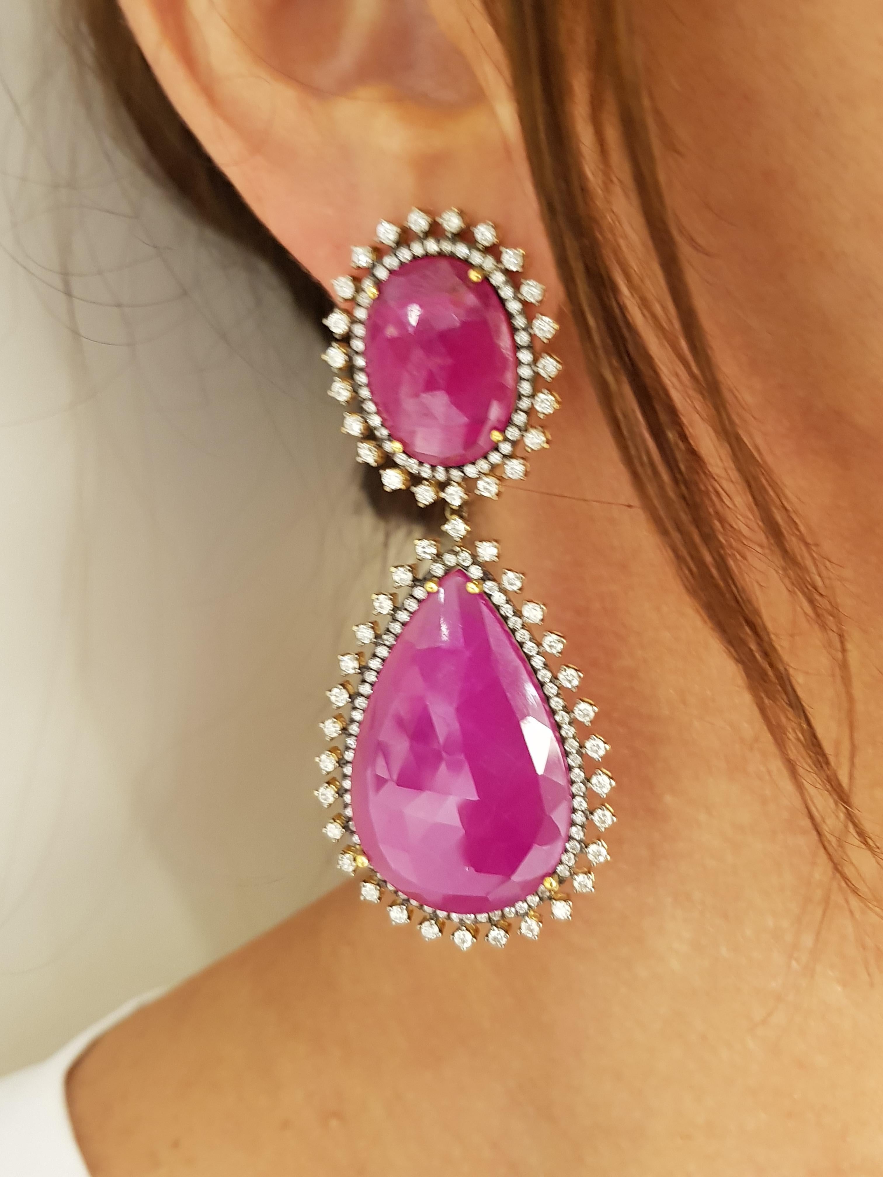 Women's Rose Gold Diamond Slice Ruby Drop Earrings For Sale