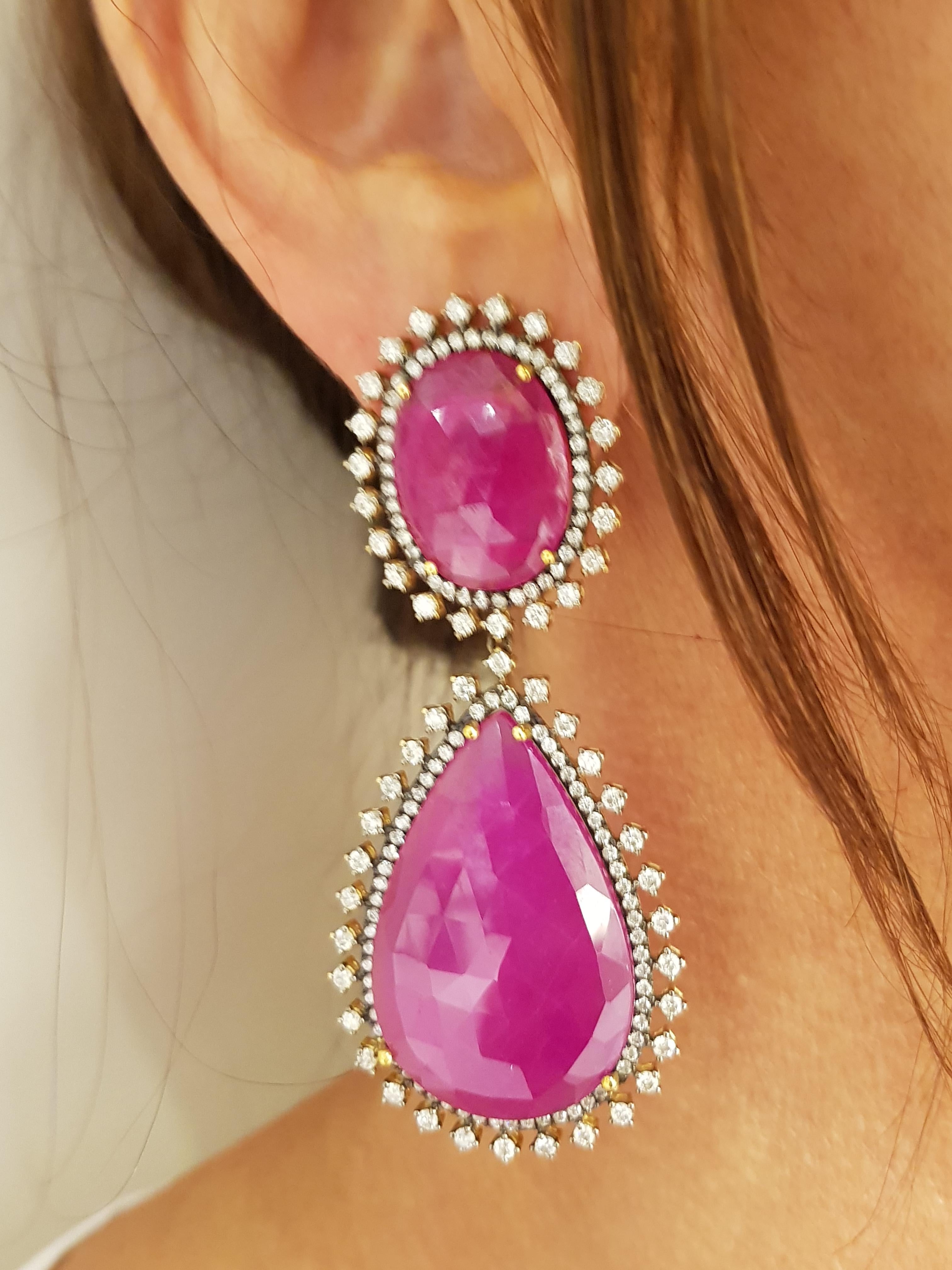 Rose Gold Diamond Slice Ruby Drop Earrings For Sale 1